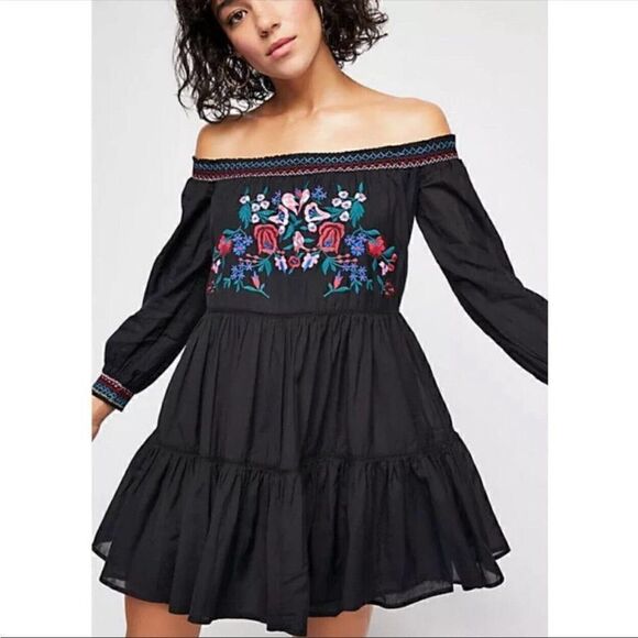 Free People Dresses & Skirts - ‎FREE PEOPLE Sunbeam Floral Embroidered Off Shoulder Tiered Boho Dress Si…